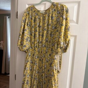 Max Studio Yellow Floral Puff-Sleeve Midi Dress